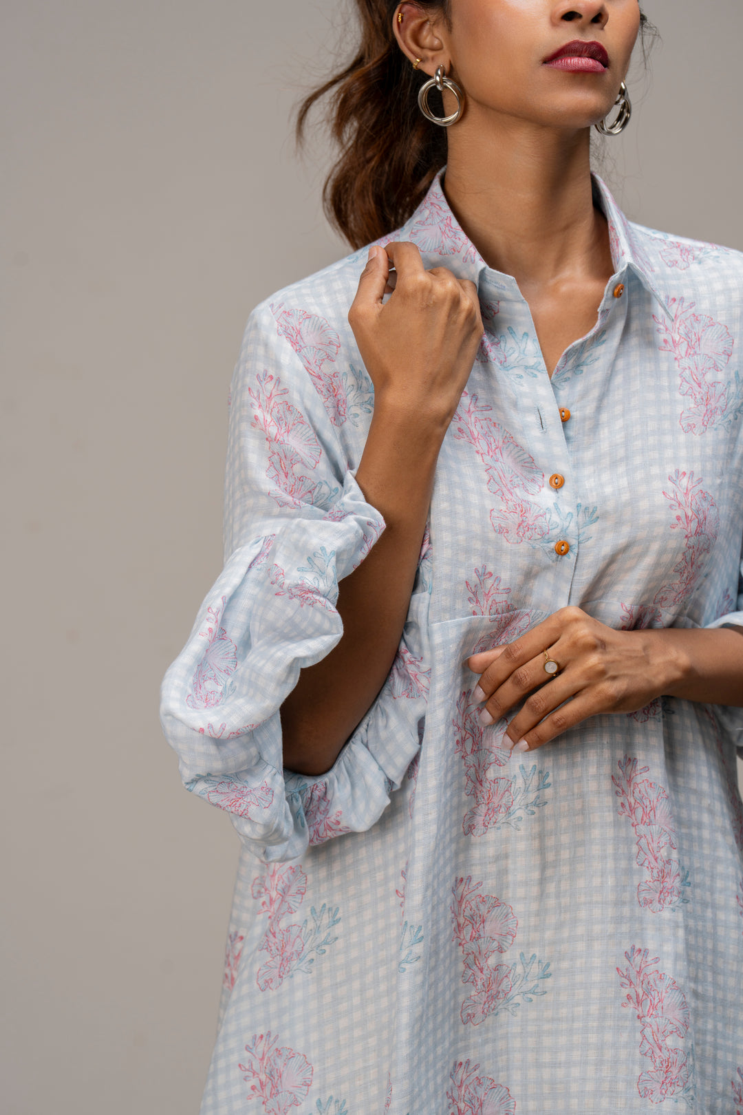 Printed Pure Hemp Dress with Bubble Sleeves