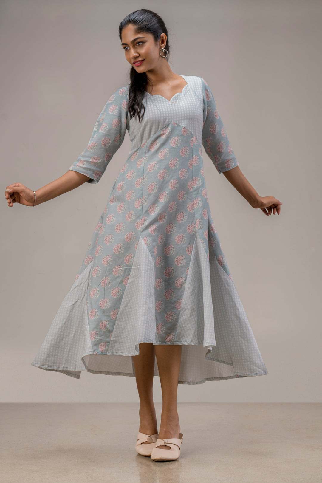 Printed Cotton Hemp Dress with Godets