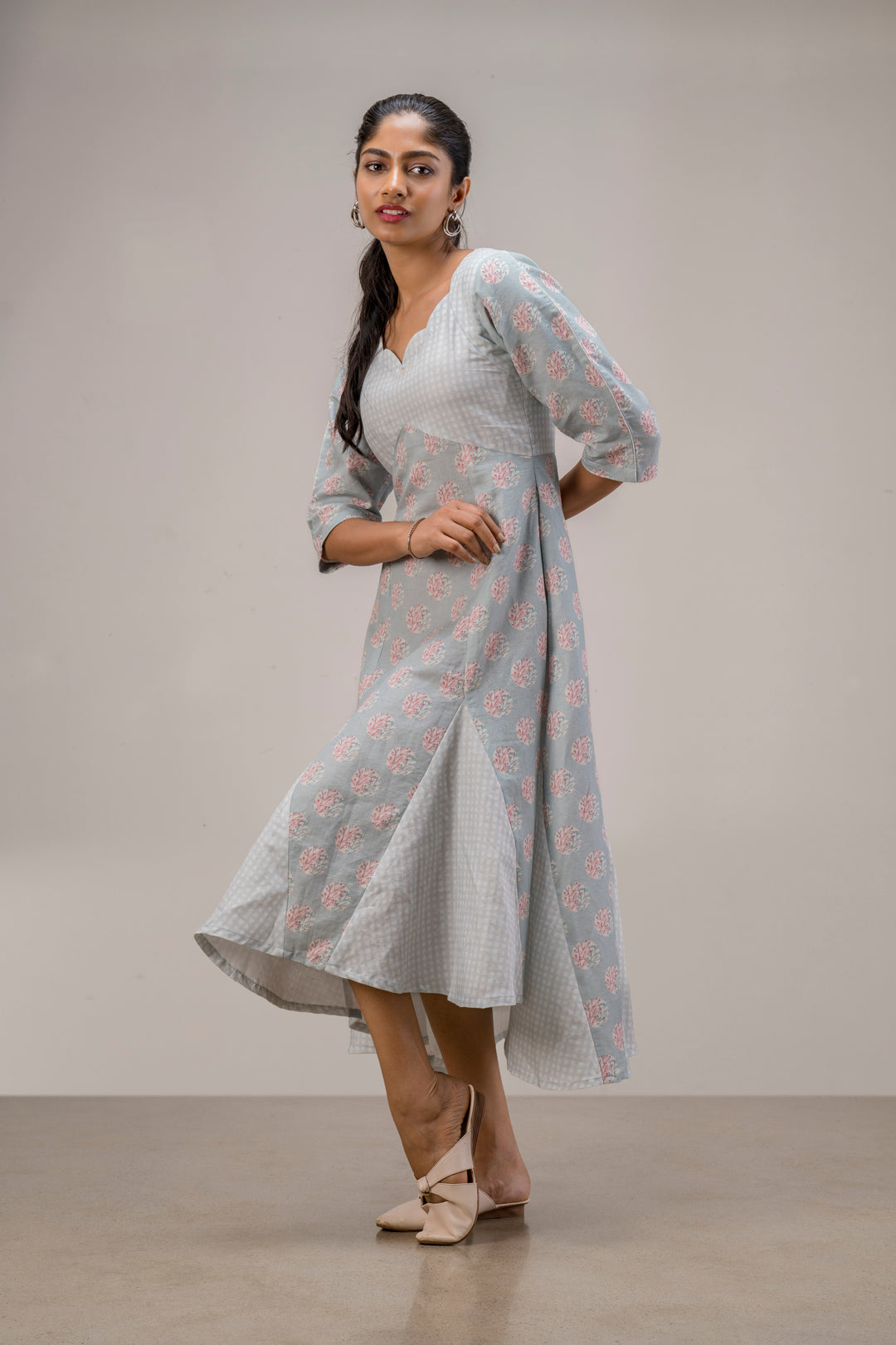 Printed Cotton Hemp Dress with Godets