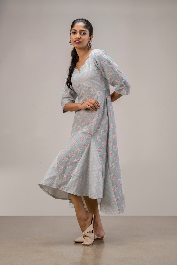 Printed Cotton Hemp Dress with Godets