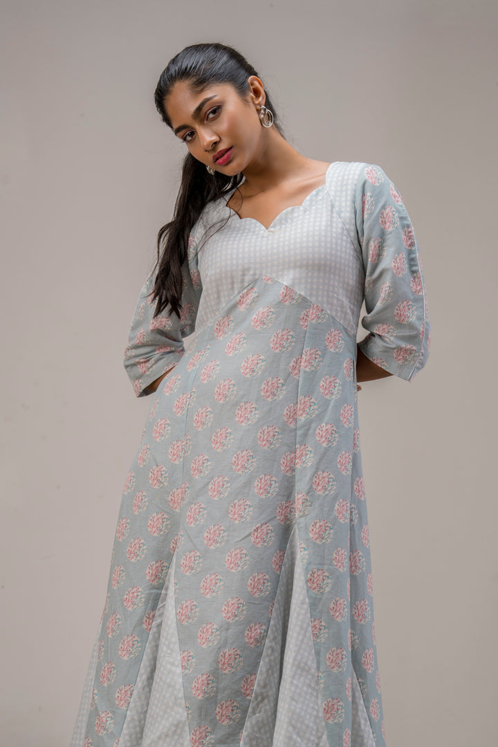 Printed Cotton Hemp Dress with Godets