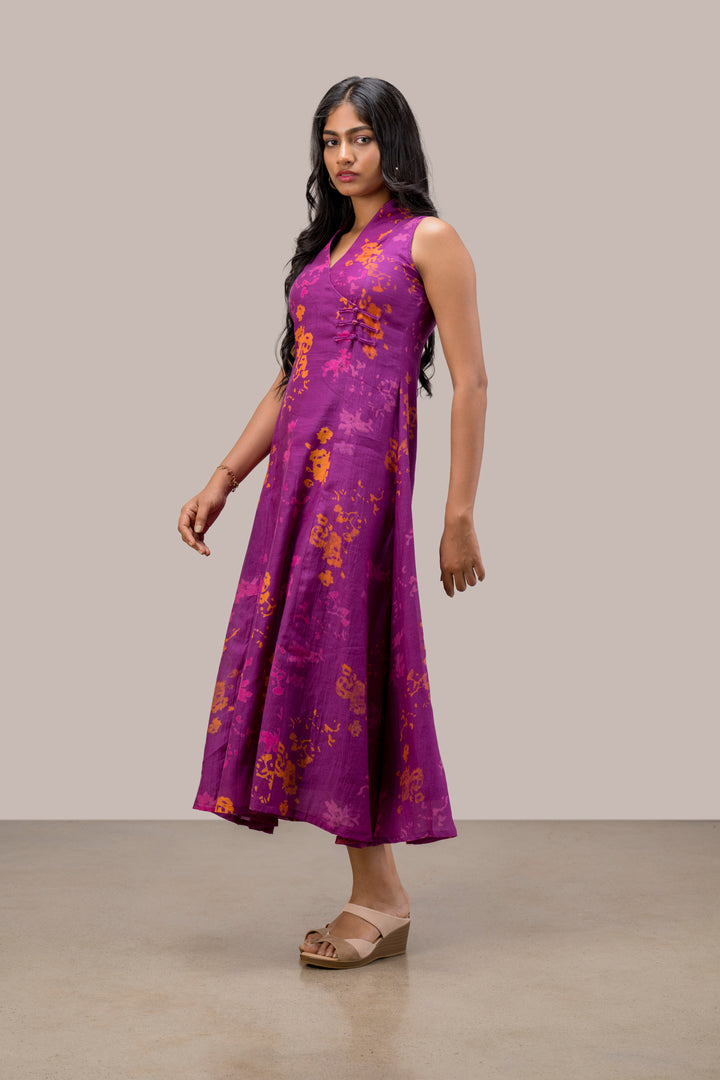 Handloom Silk Cotton A-Line Sleeveless Dress with Pankov Knot Buttons
