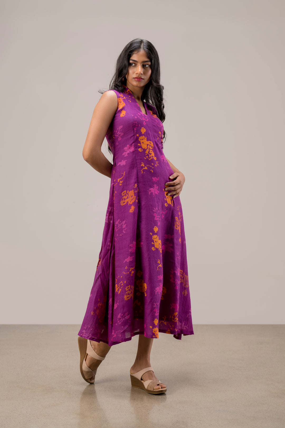 Handloom Silk Cotton A-Line Sleeveless Dress with Pankov Knot Buttons