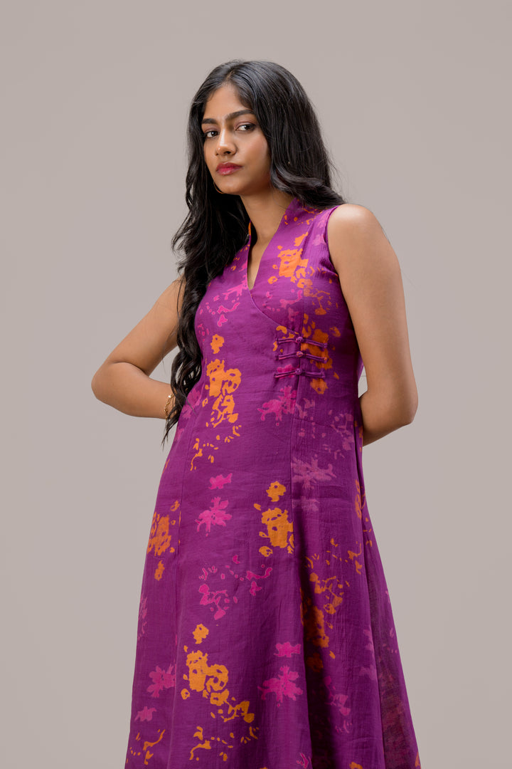 Handloom Silk Cotton A-Line Sleeveless Dress with Pankov Knot Buttons