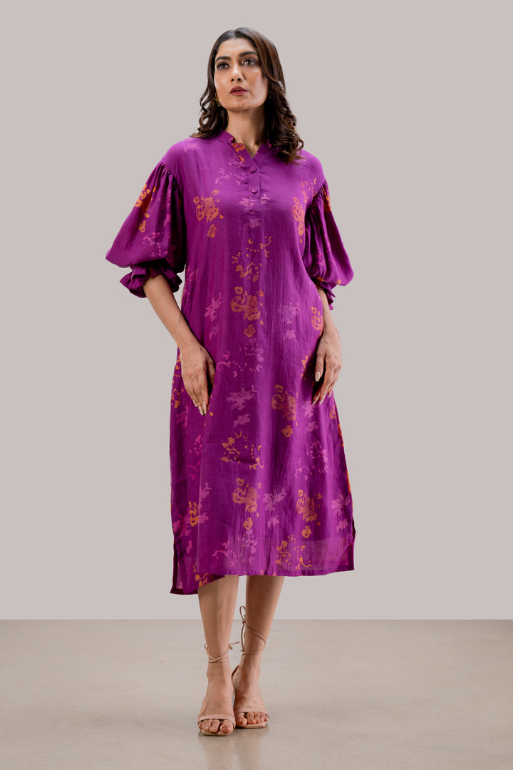 Block Printed Silk Cotton Off-Shoulder Dress with Puff Sleeves