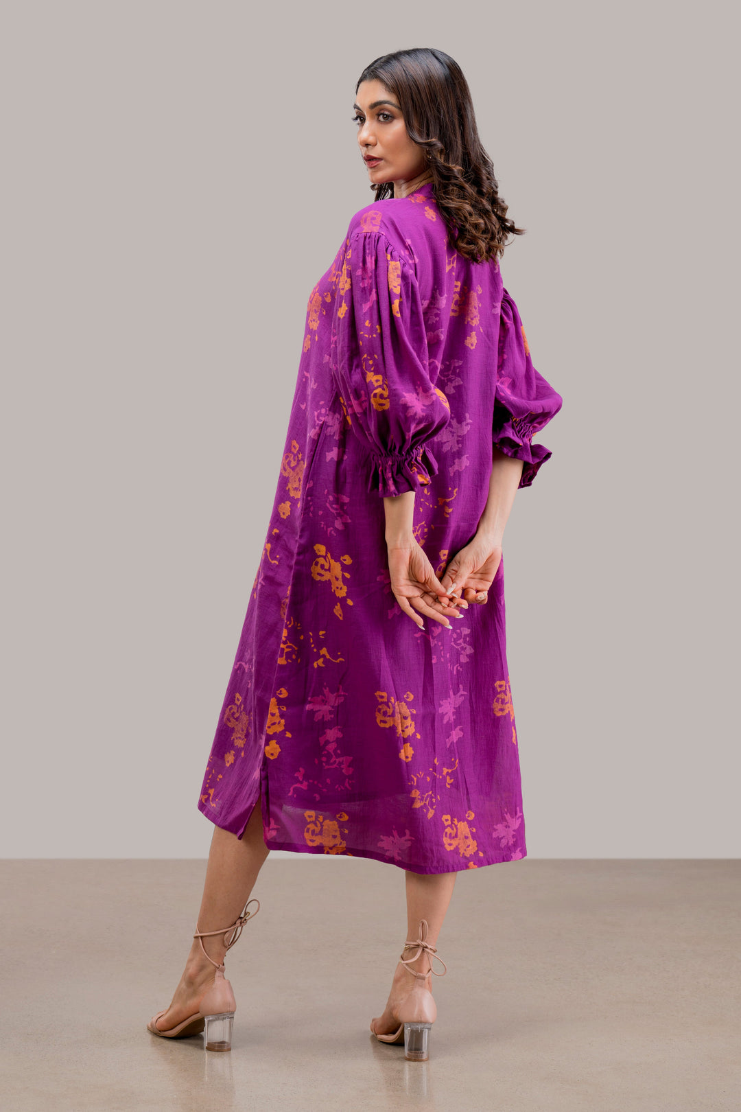 Block Printed Silk Cotton Off-Shoulder Dress with Puff Sleeves