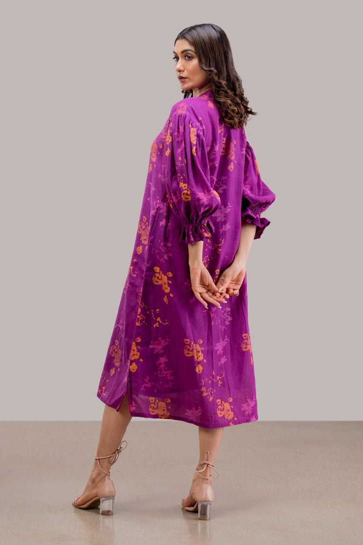 Block Printed Silk Cotton Off-Shoulder Dress with Puff Sleeves