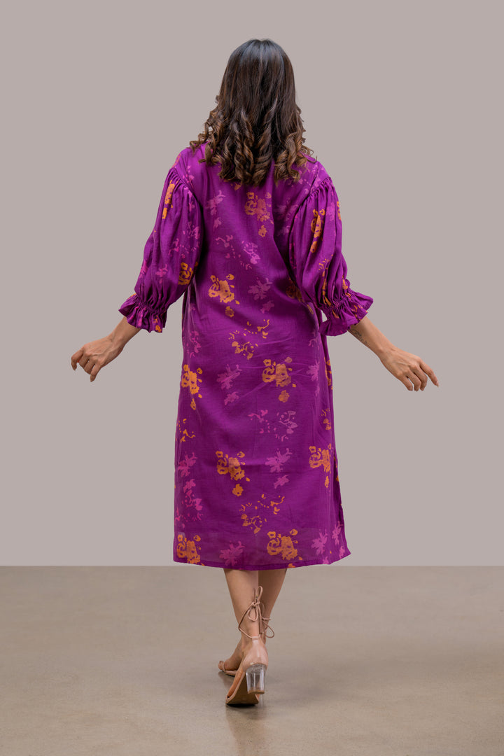 Block Printed Silk Cotton Off-Shoulder Dress with Puff Sleeves