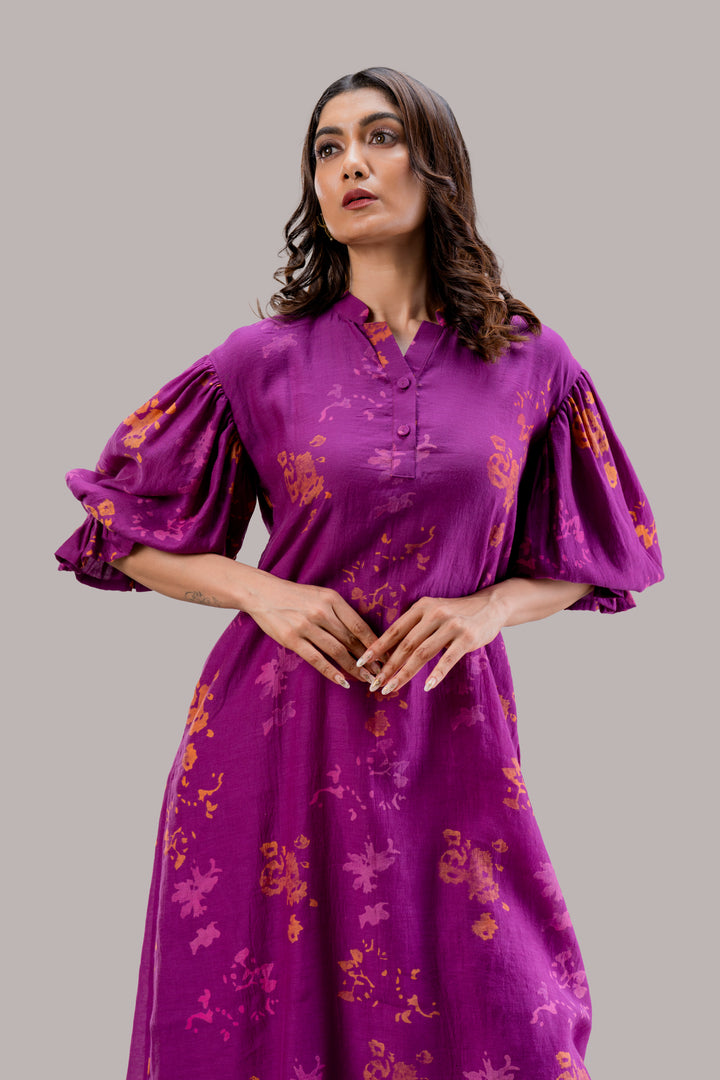Block Printed Silk Cotton Off-Shoulder Dress with Puff Sleeves