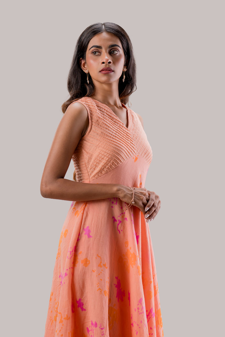 Handloom Silk Cotton Printed Dress with Pintucks