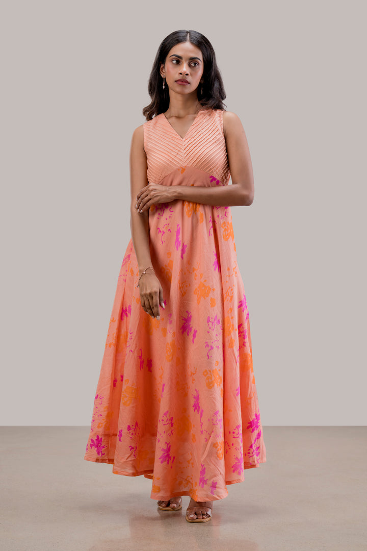 Handloom Silk Cotton Printed Dress with Pintucks