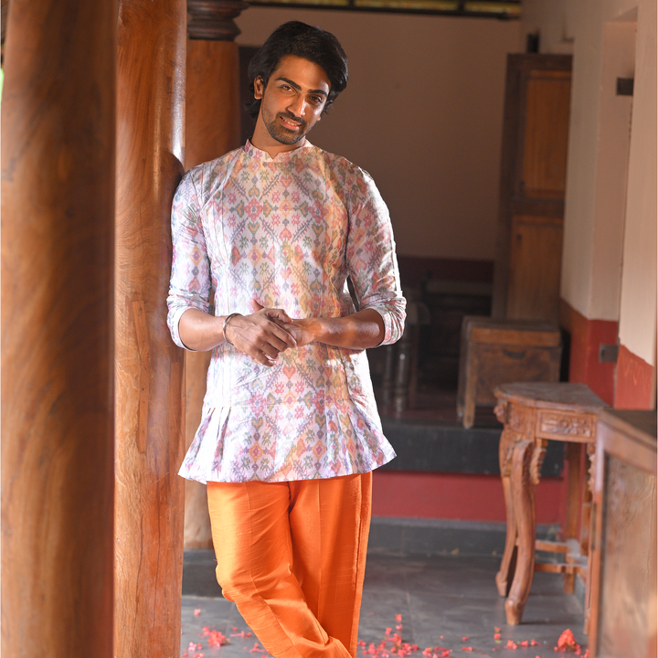 Classic White Kurta with Bold Orange Pyajama - Set