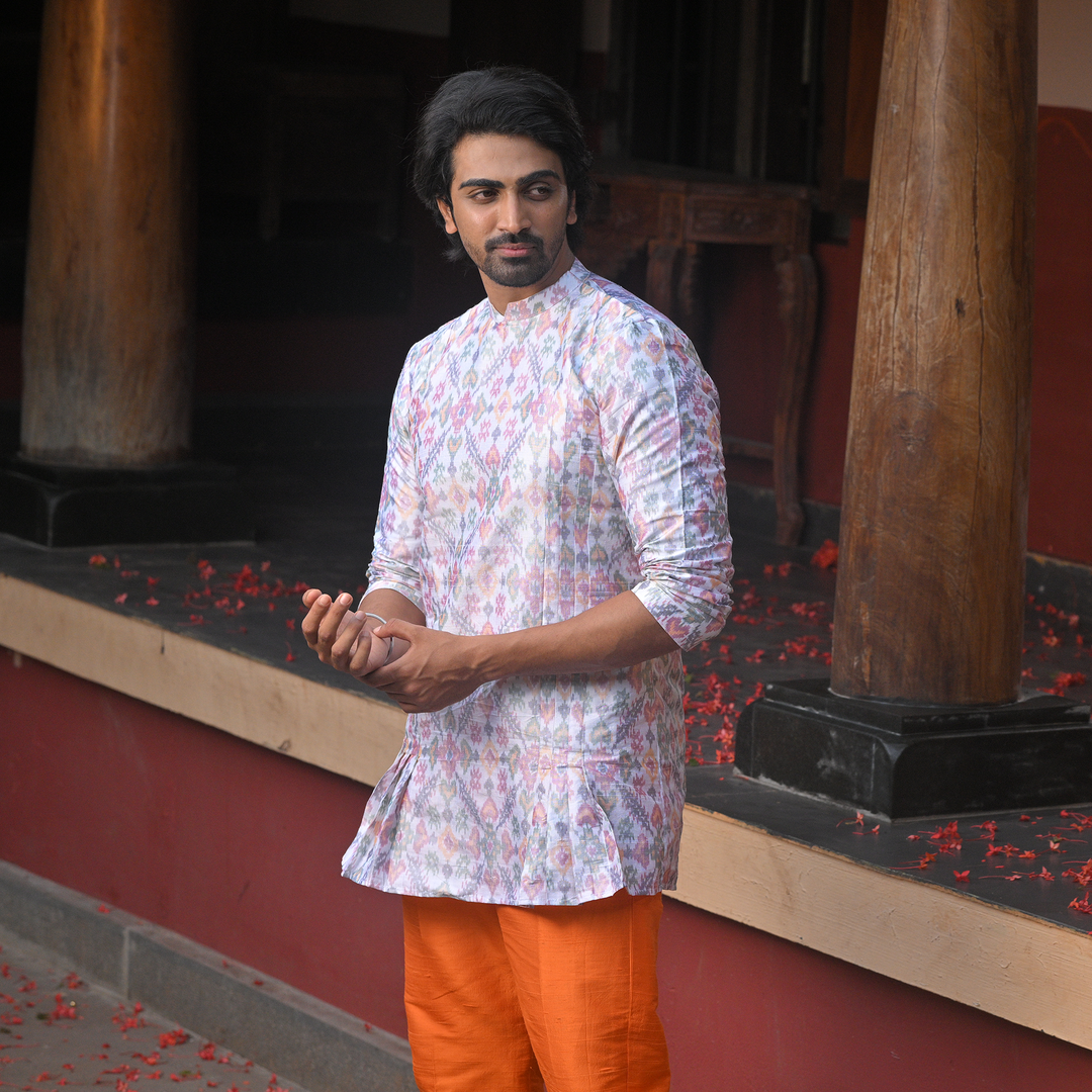 Classic White Kurta with Bold Orange Pyajama - Set