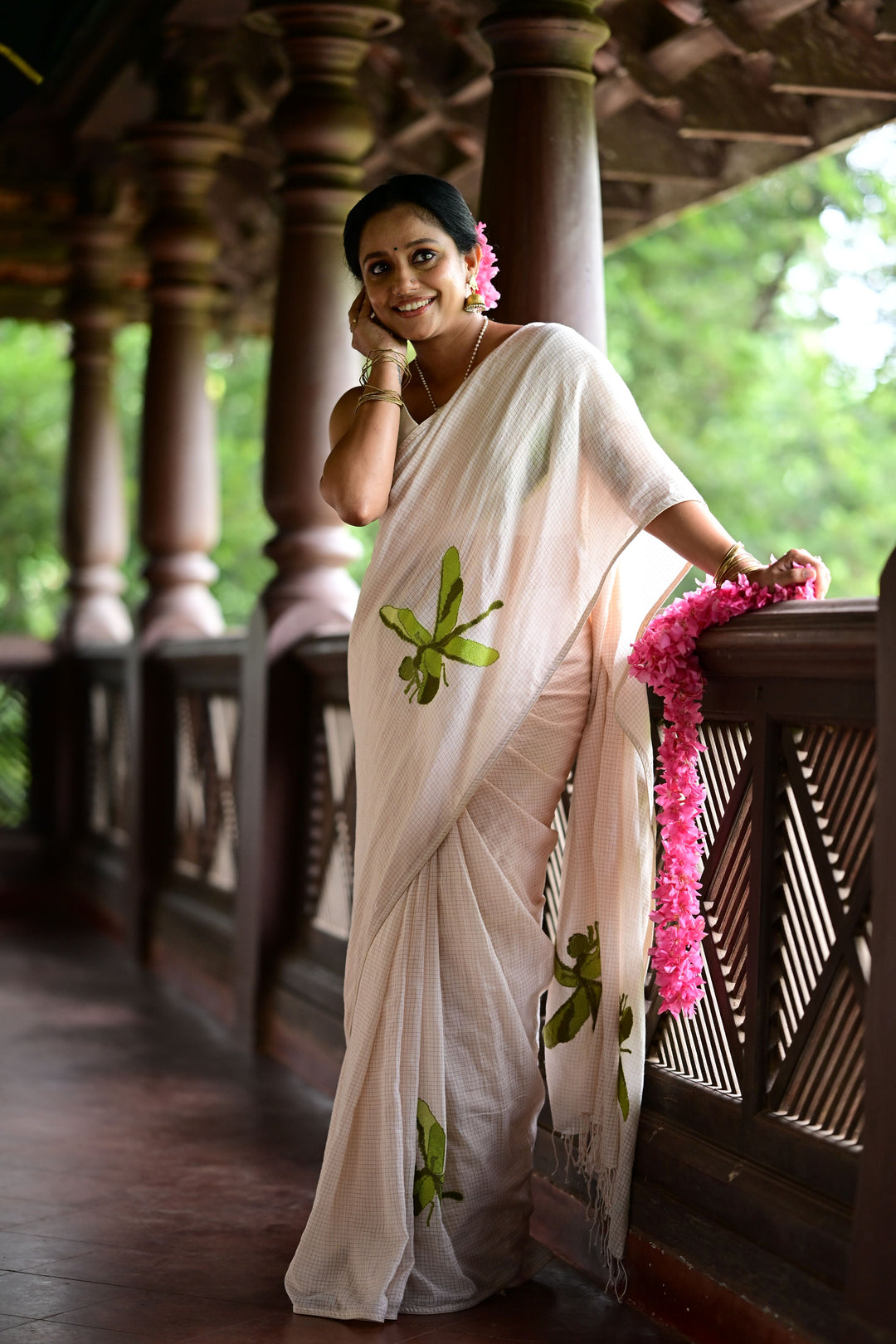 Kadhi Muslin Saree with Cross stitch Green Dragon Fly
