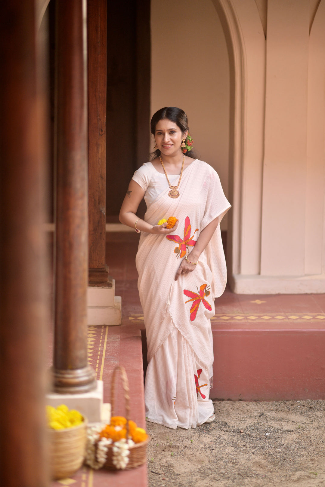 Kadhi Muslin Saree with Cross stitch Red Dragon Fly