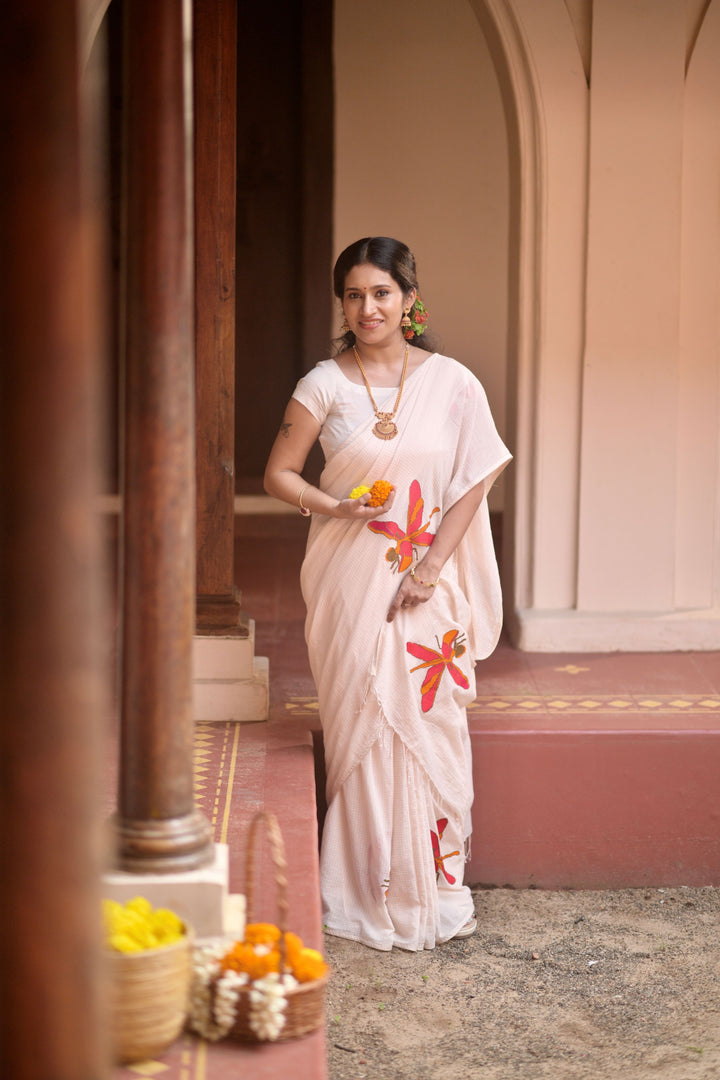 Kadhi Muslin Saree with Cross stitch Red Dragon Fly