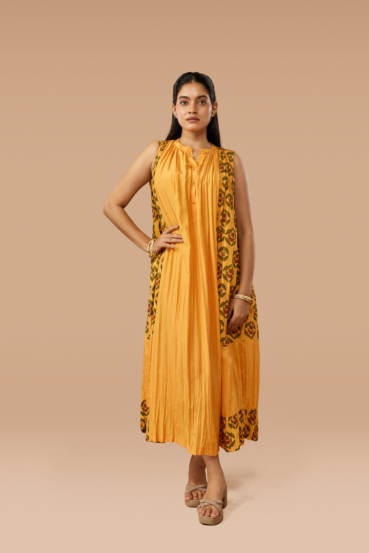 Saffron Floral Hand block Print Silk Gathered Sleeveless Dress