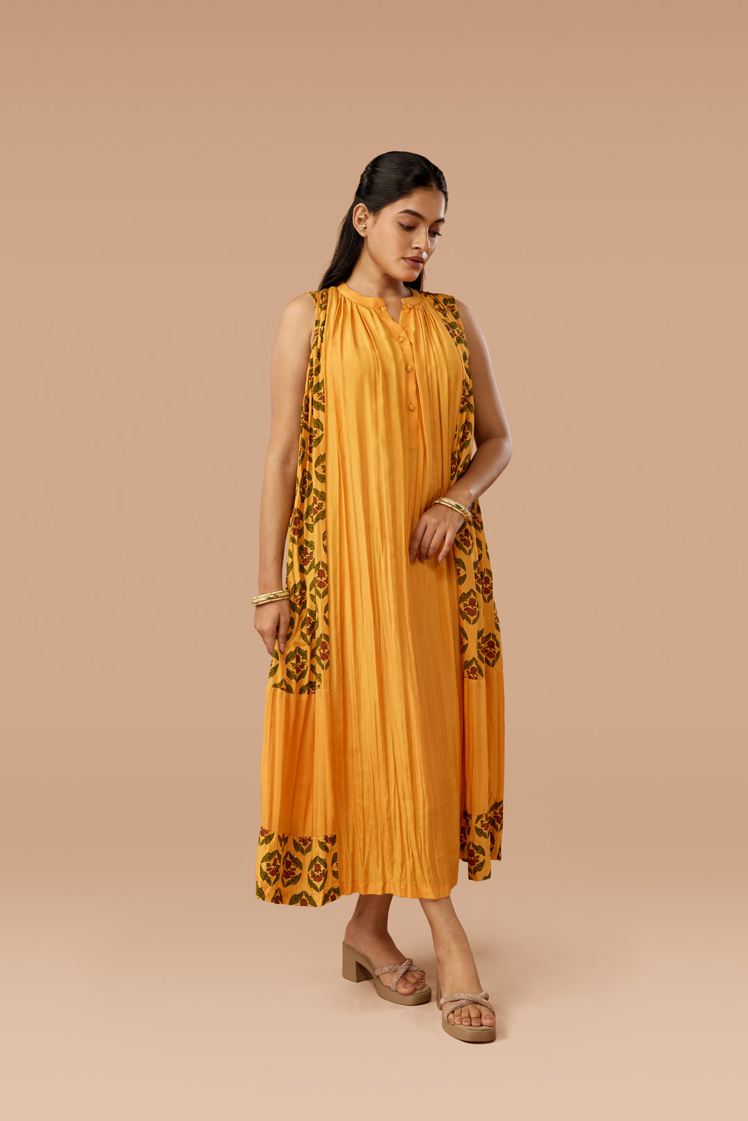 Saffron Floral Hand block Print Silk Gathered Sleeveless Dress