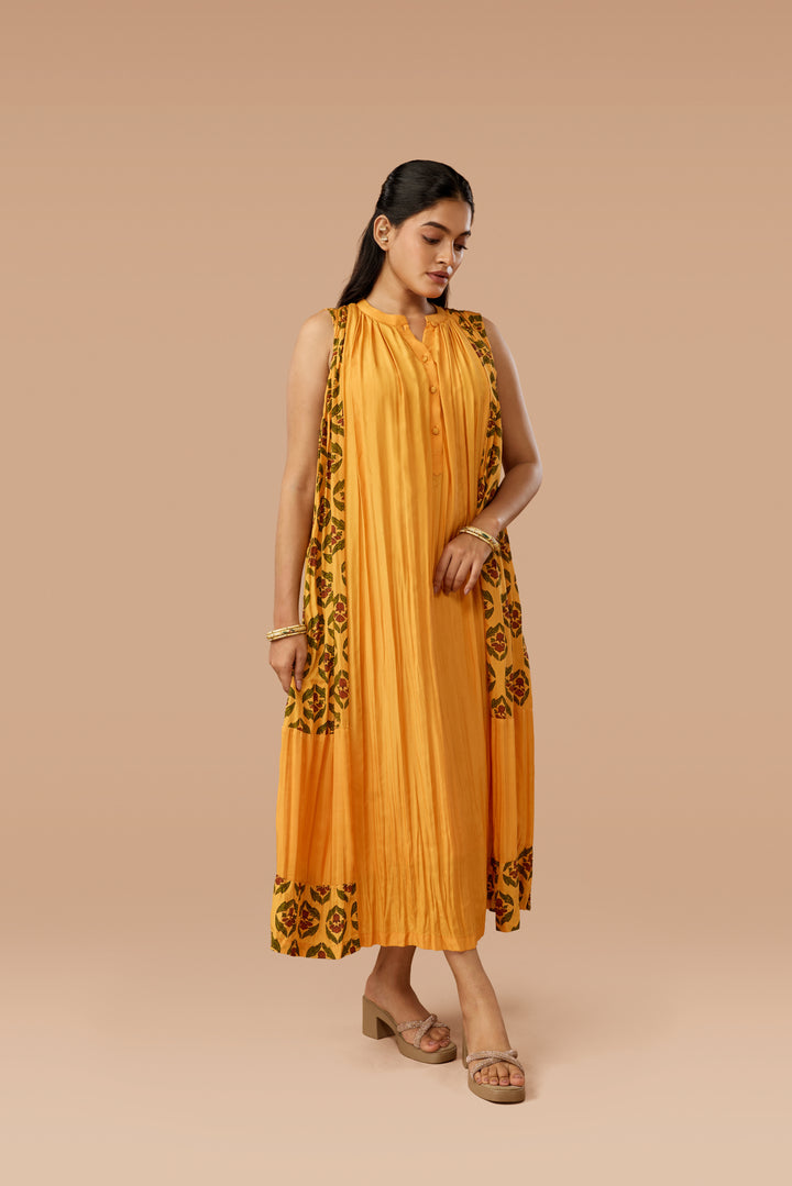 Saffron Floral Hand block Print Silk Gathered Sleeveless Dress