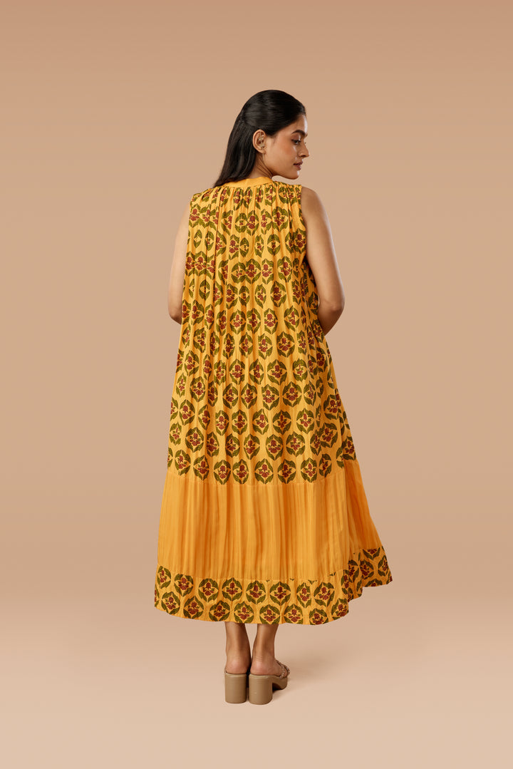 Saffron Floral Hand block Print Silk Gathered Sleeveless Dress