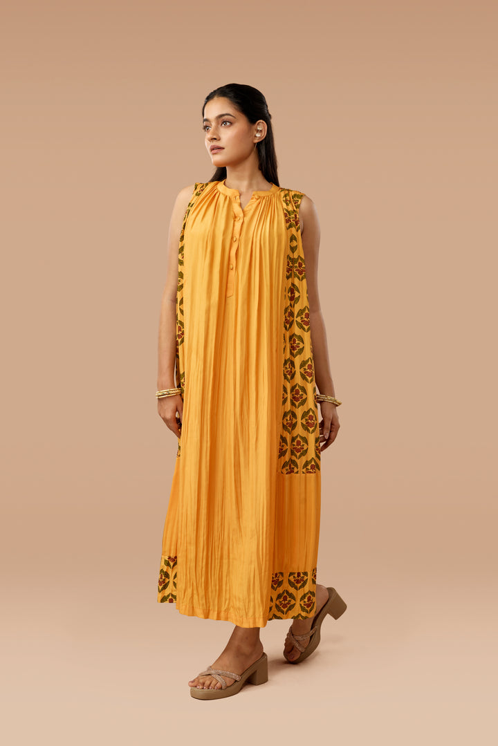 Saffron Floral Hand block Print Silk Gathered Sleeveless Dress