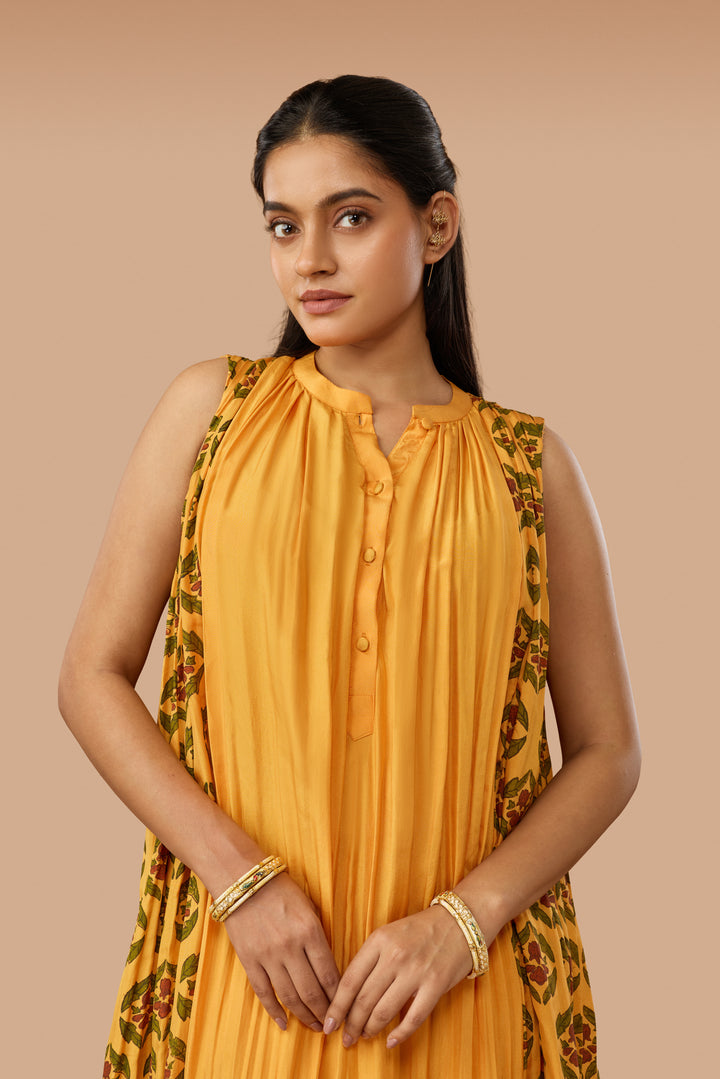 Saffron Floral Hand block Print Silk Gathered Sleeveless Dress