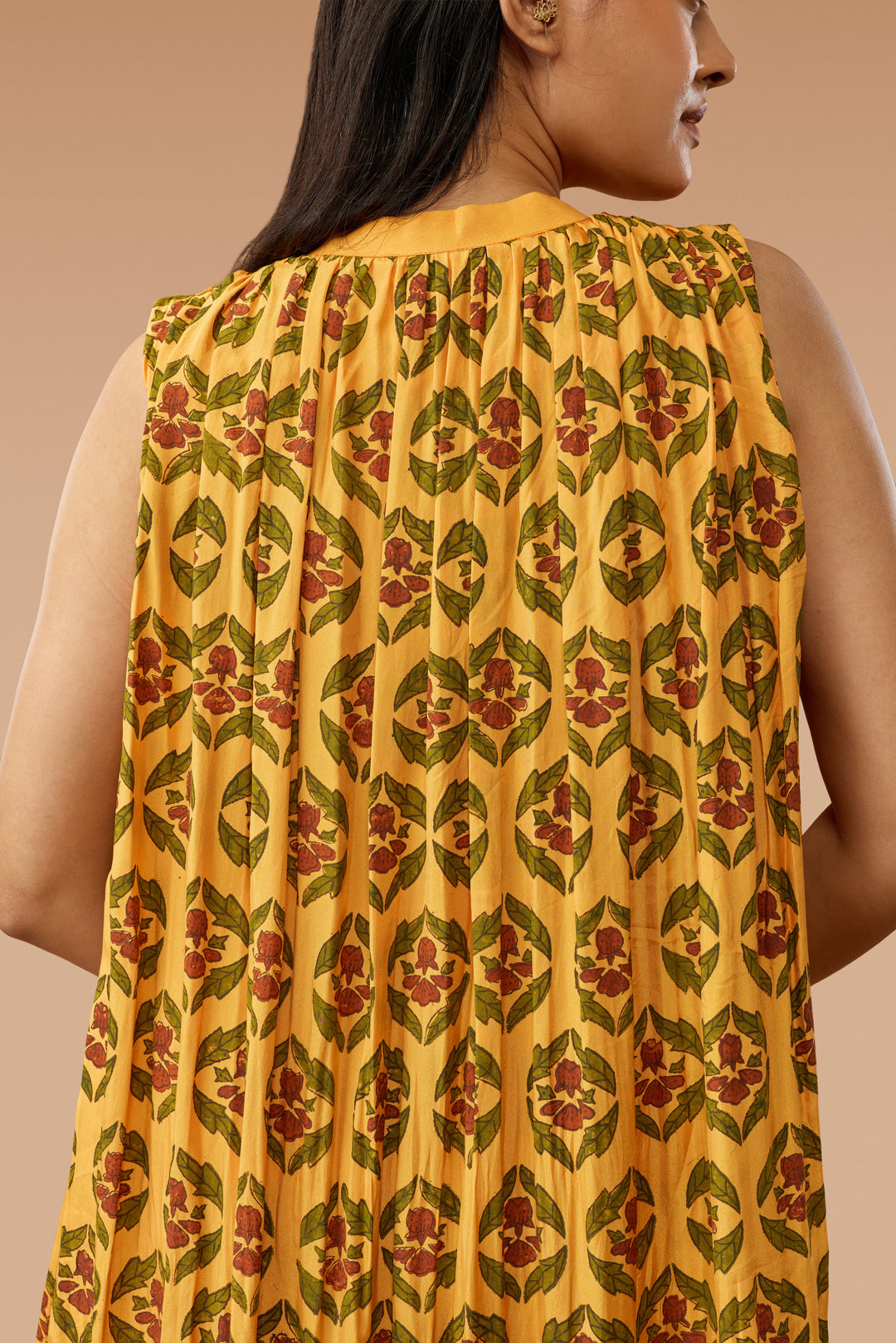 Saffron Floral Hand block Print Silk Gathered Sleeveless Dress