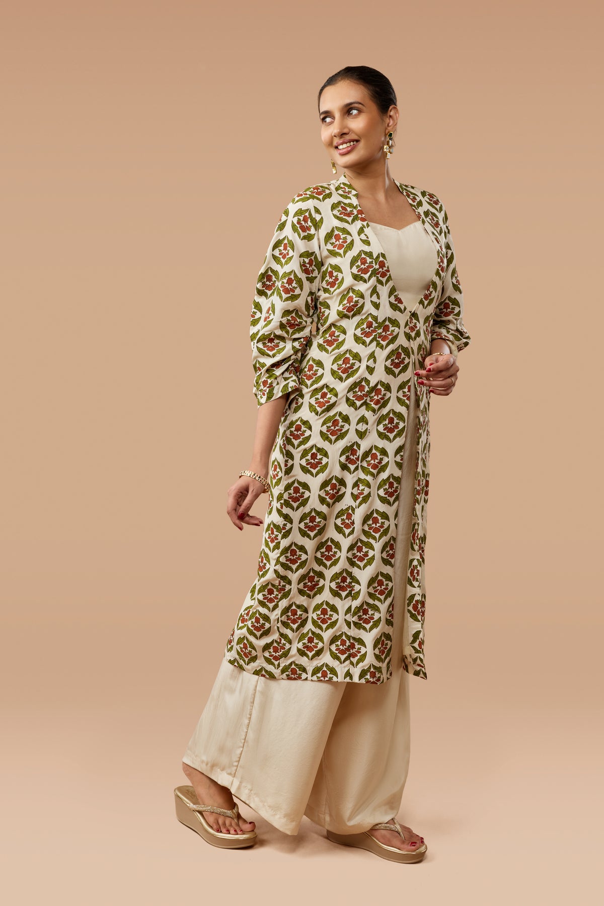Beige Hand Block Print Jacket, Crop Top & Palazzo Silk Co-ord Set