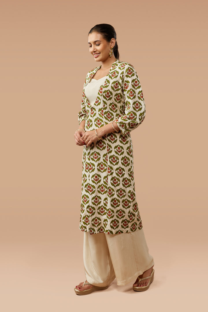 Beige Hand Block Print Jacket, Crop Top &amp; Palazzo Silk Co-ord Set