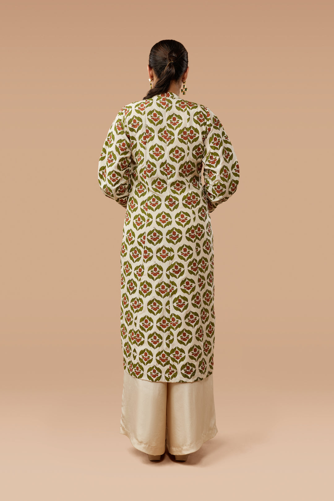 Beige Hand Block Print Jacket, Crop Top &amp; Palazzo Silk Co-ord Set