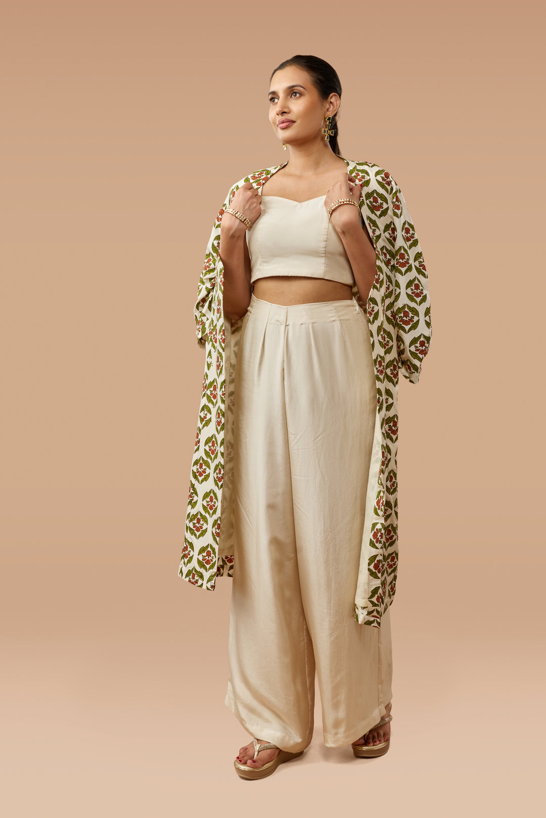 Beige Hand Block Print Jacket, Crop Top &amp; Palazzo Silk Co-ord Set