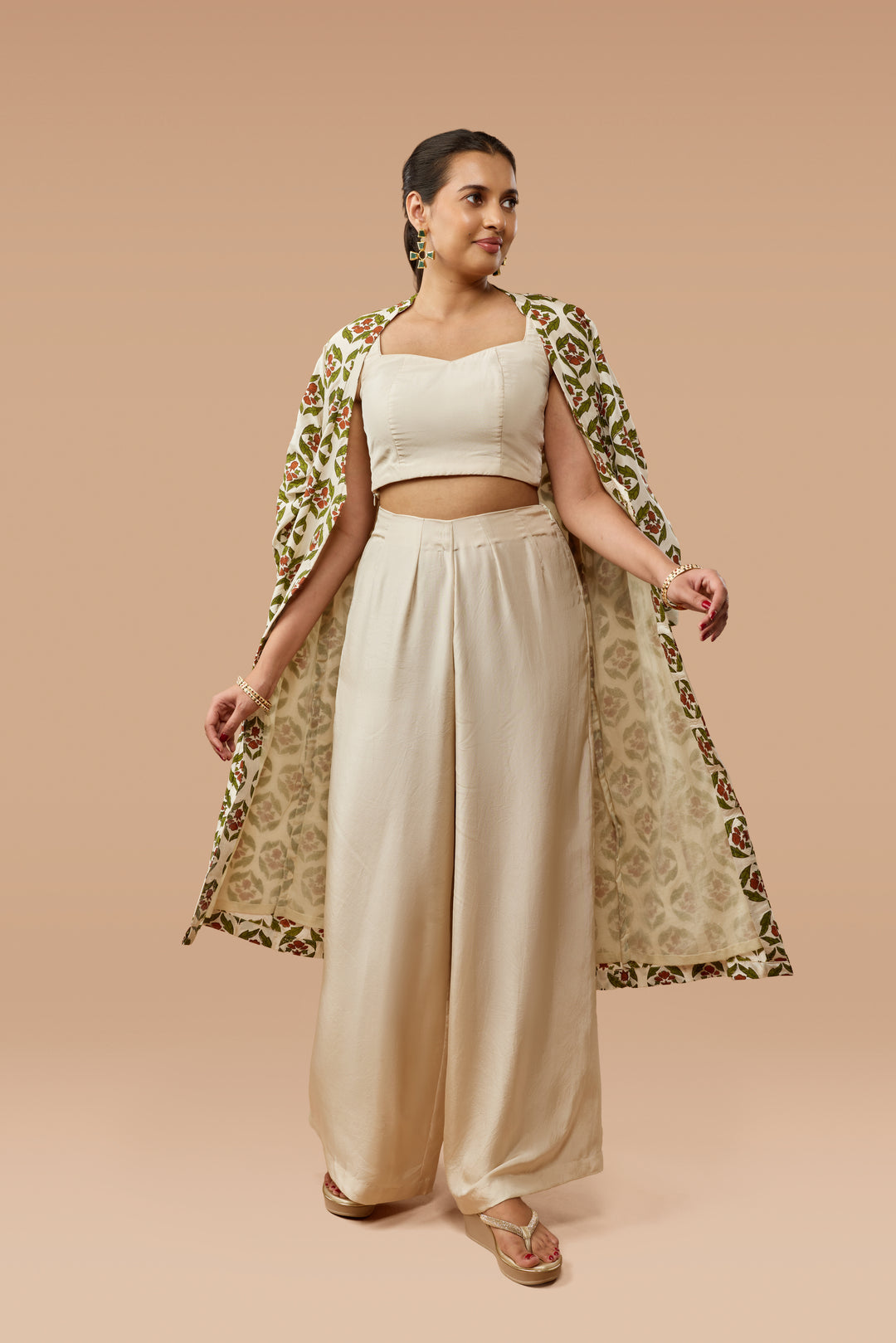 Beige Hand Block Print Jacket, Crop Top &amp; Palazzo Silk Co-ord Set