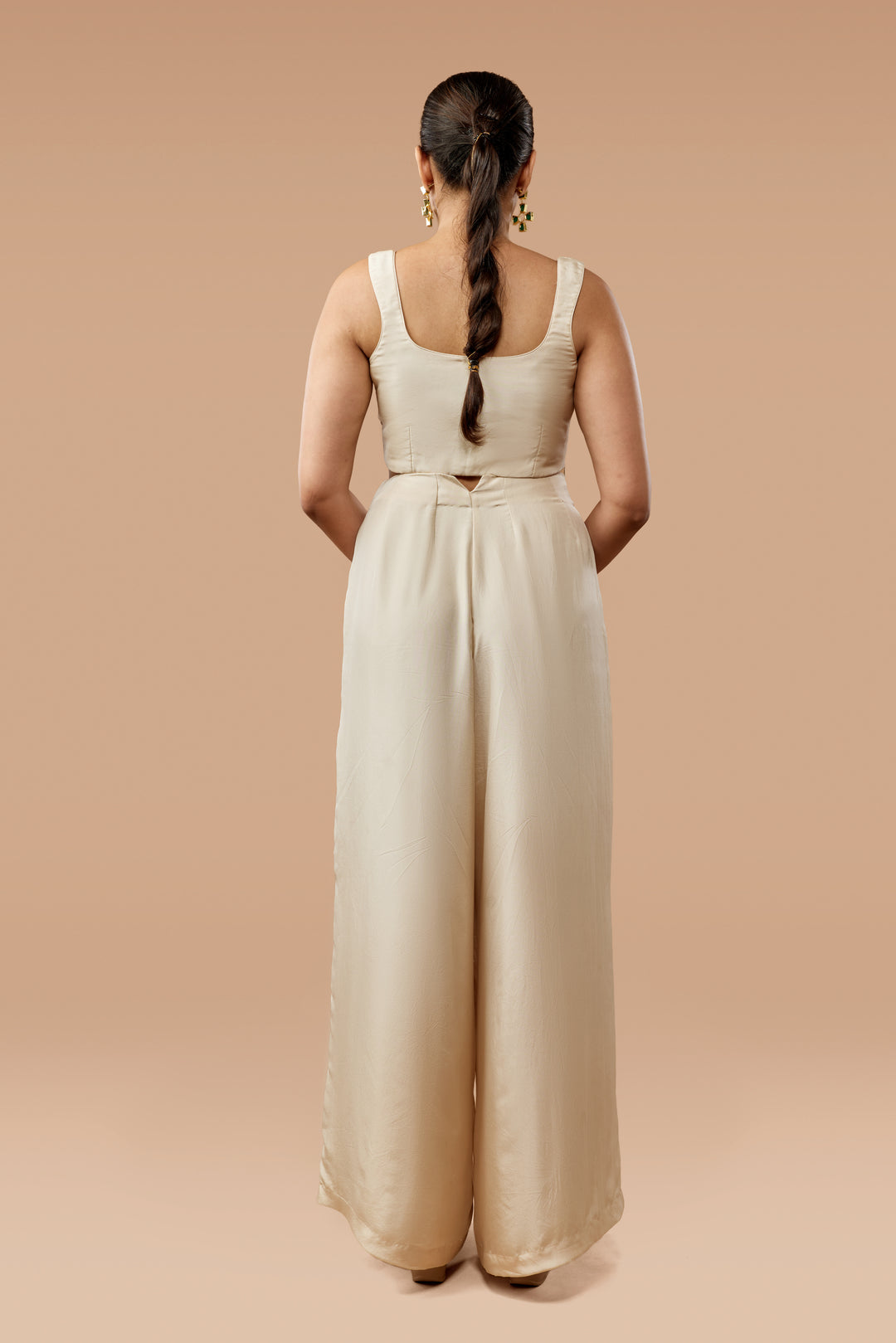 Beige Hand Block Print Jacket, Crop Top &amp; Palazzo Silk Co-ord Set