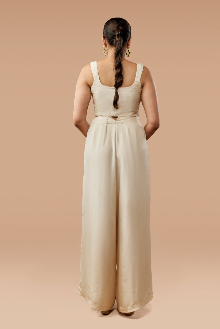 Beige Hand Block Print Jacket, Crop Top &amp; Palazzo Silk Co-ord Set