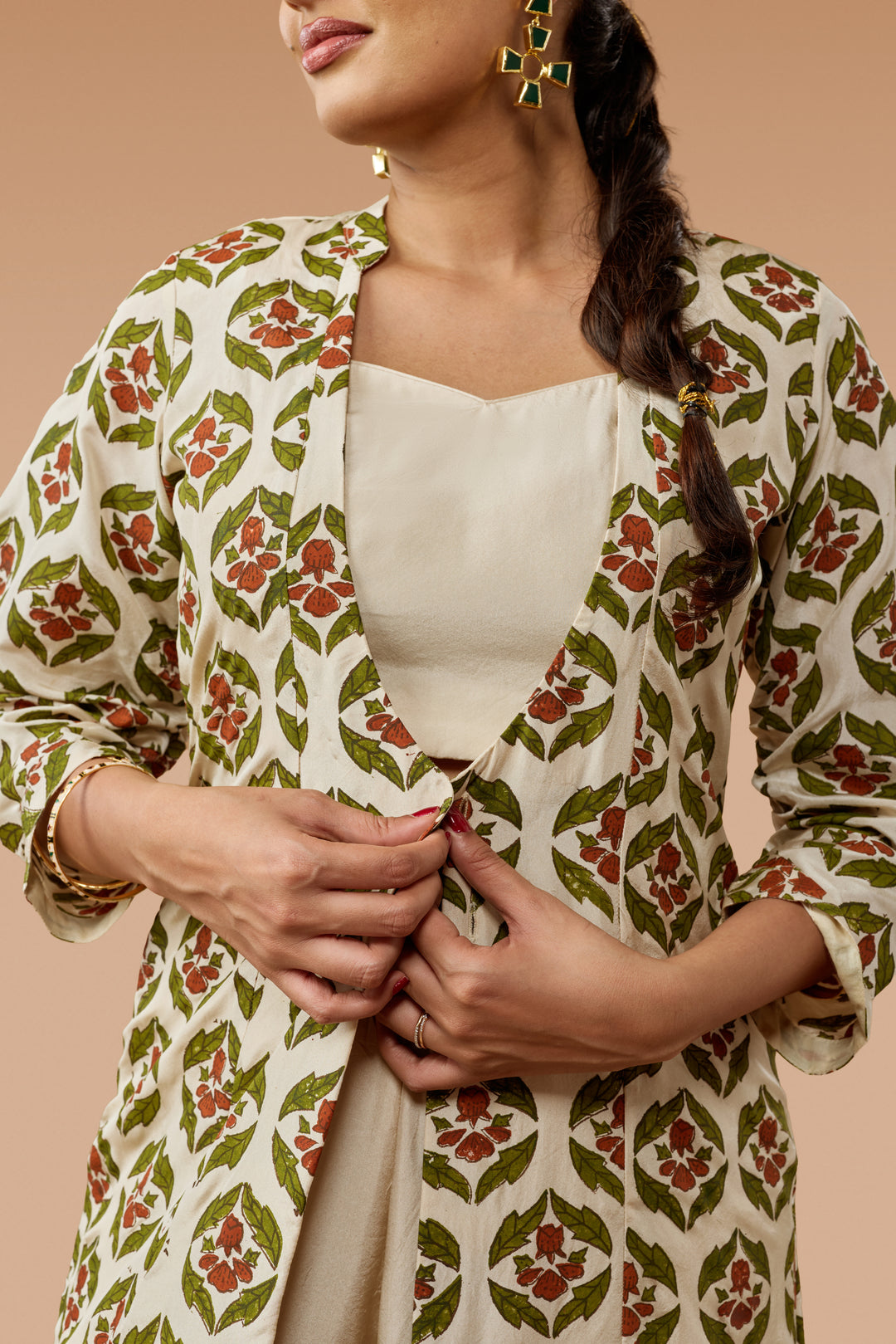 Beige Hand Block Print Jacket, Crop Top &amp; Palazzo Silk Co-ord Set