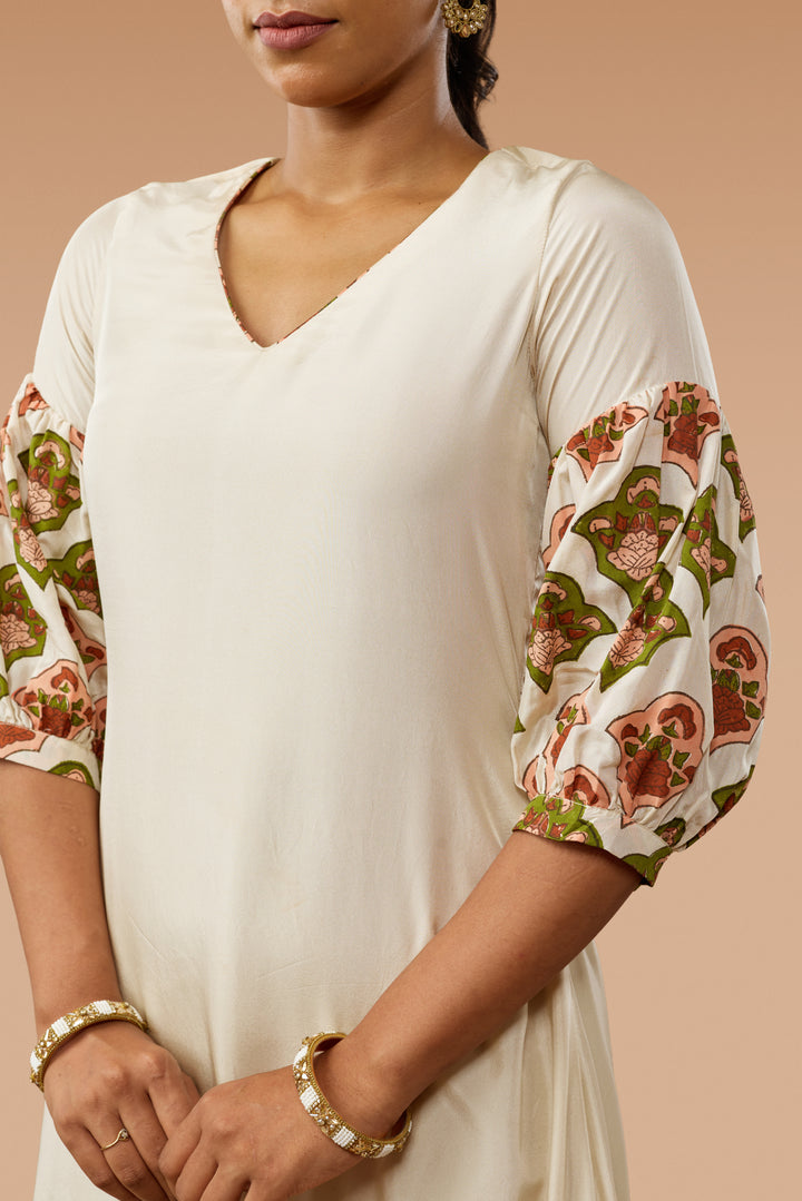 Beige Hand Block Print High-Low Silk Dress