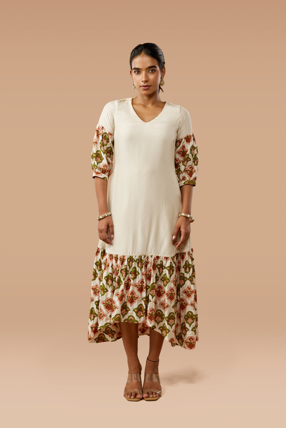 Beige Hand Block Print High-Low Silk Dress