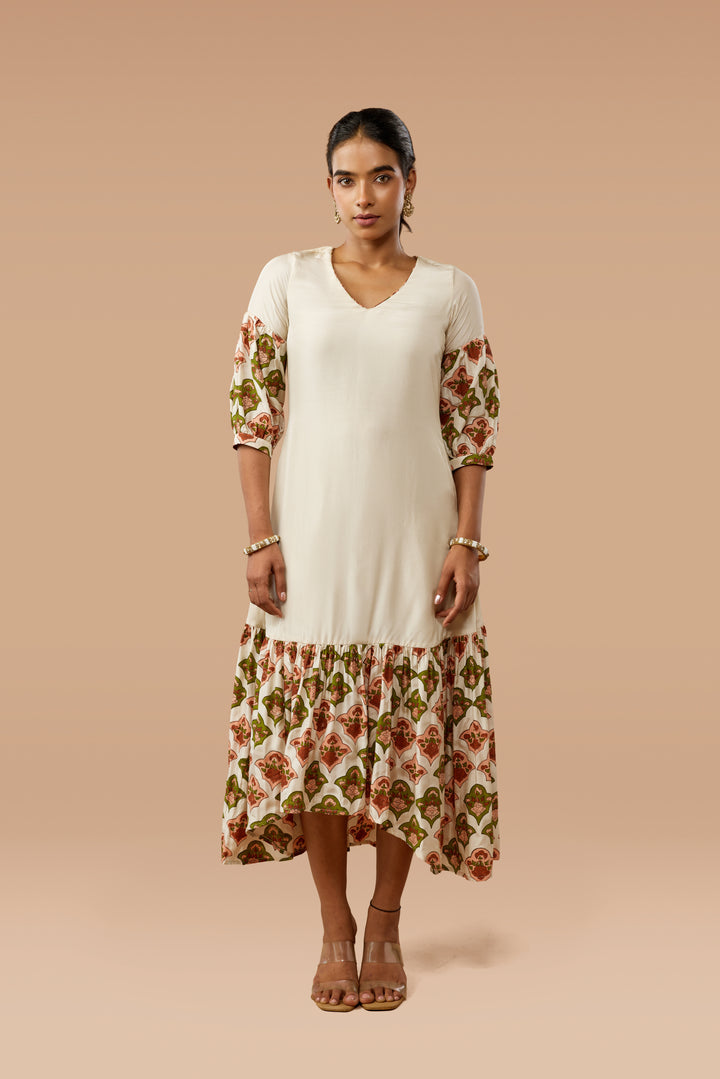 Beige Hand Block Print High-Low Silk Dress