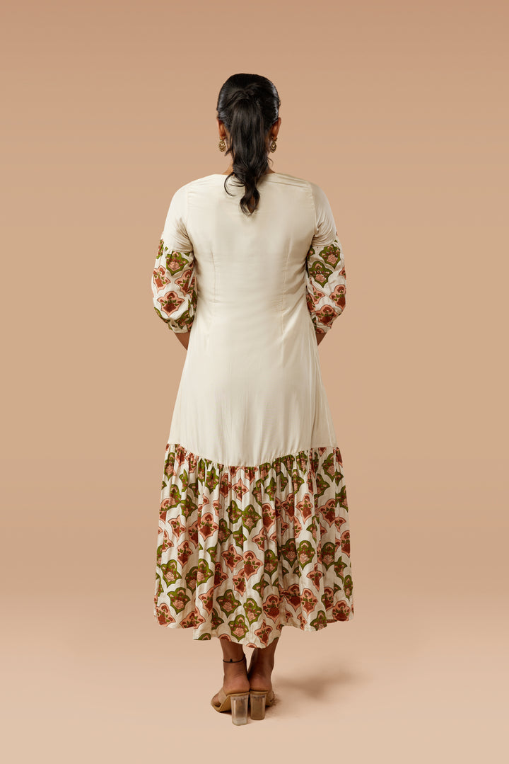 Beige Hand Block Print High-Low Silk Dress