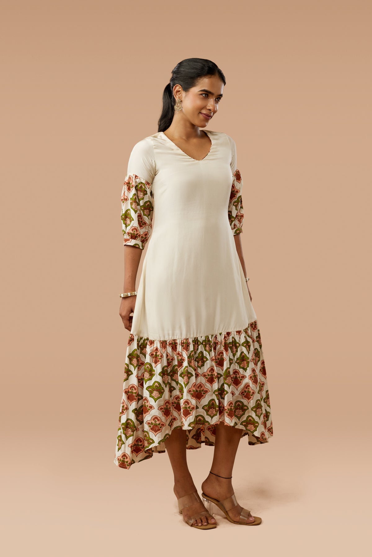 Beige Hand Block Print High-Low Silk Dress