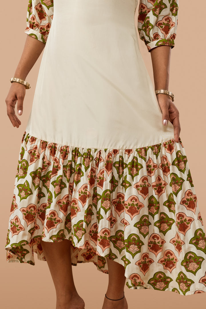 Beige Hand Block Print High-Low Silk Dress