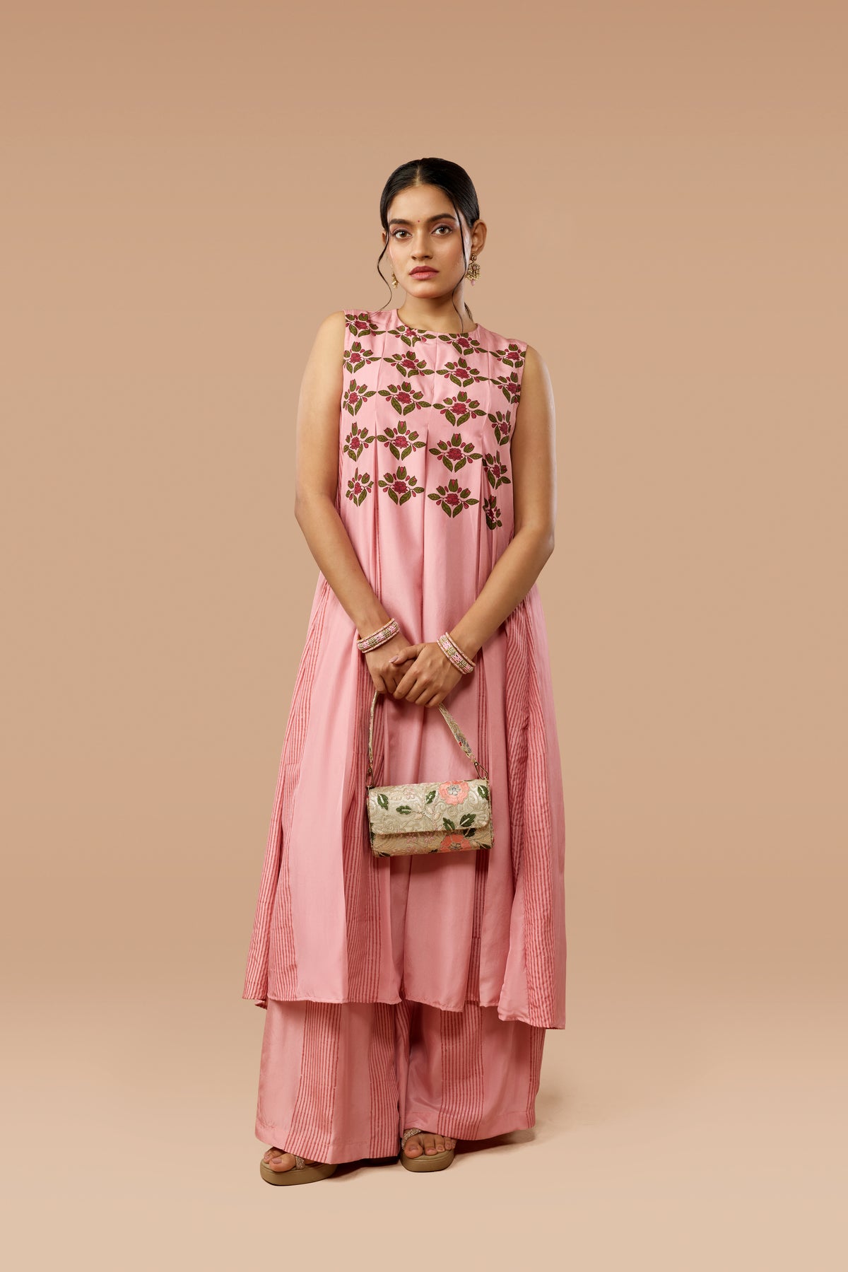 Pink Box-Pleat Dress & Palazzo Silk Co-ord Set