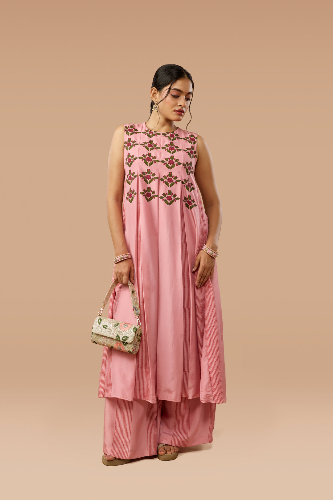 Pink Box-Pleat Dress &amp; Palazzo Silk Co-ord Set
