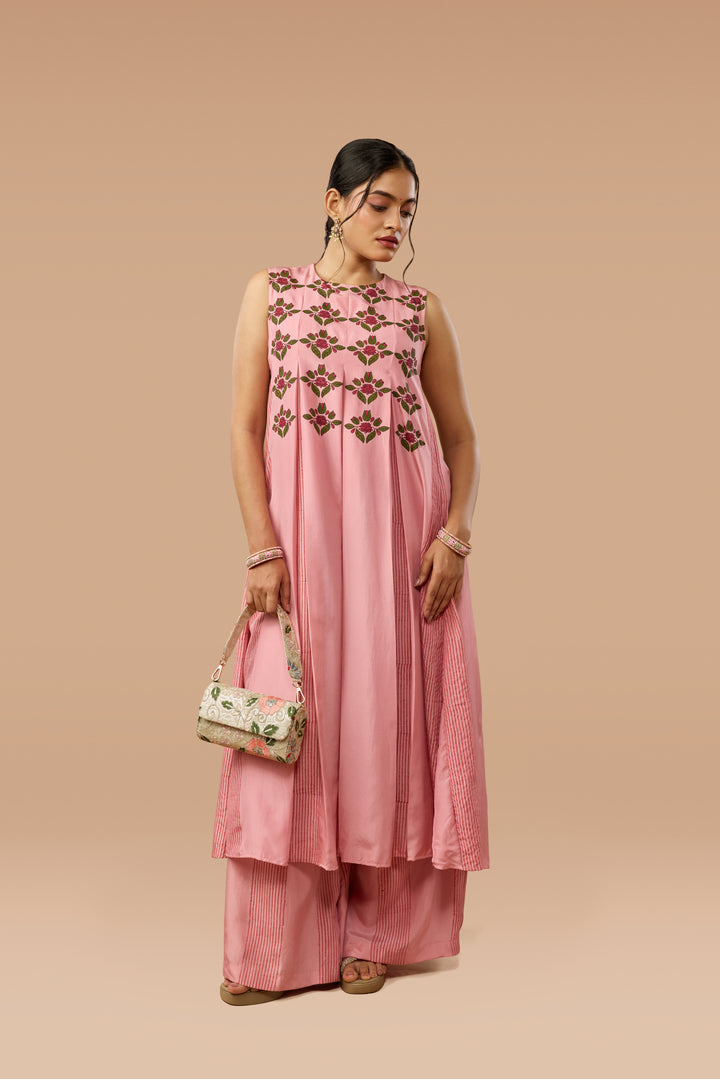 Pink Box-Pleat Dress &amp; Palazzo Silk Co-ord Set