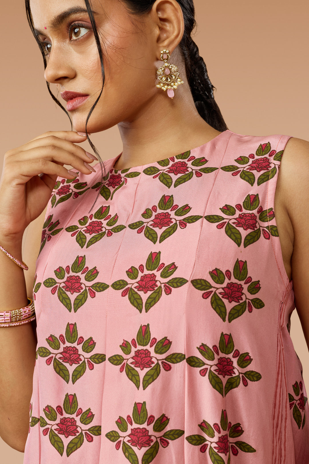 Pink Box-Pleat Dress &amp; Palazzo Silk Co-ord Set