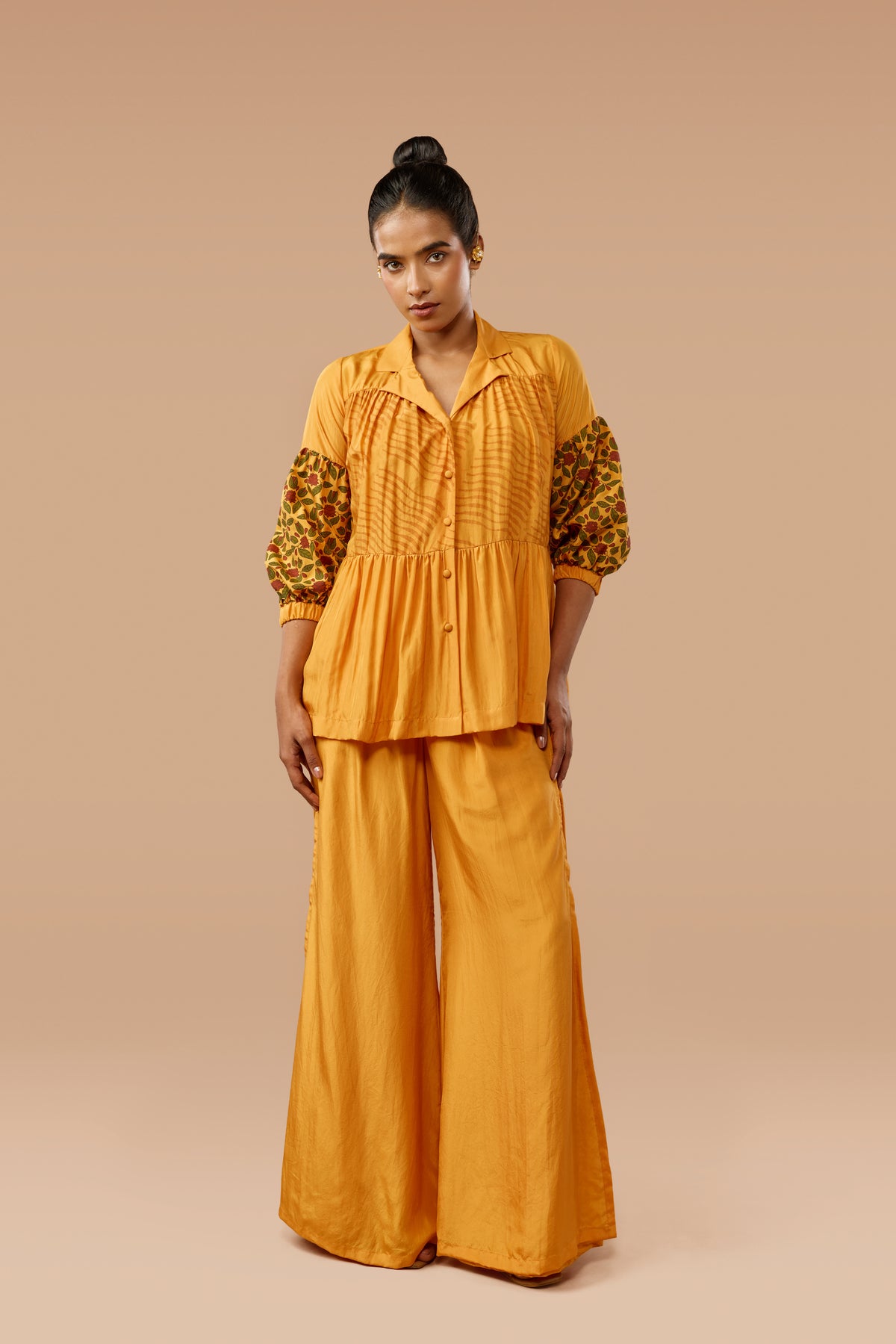 Saffron Three-Tier Shirt & Flared Pants Silk Co-ord Set