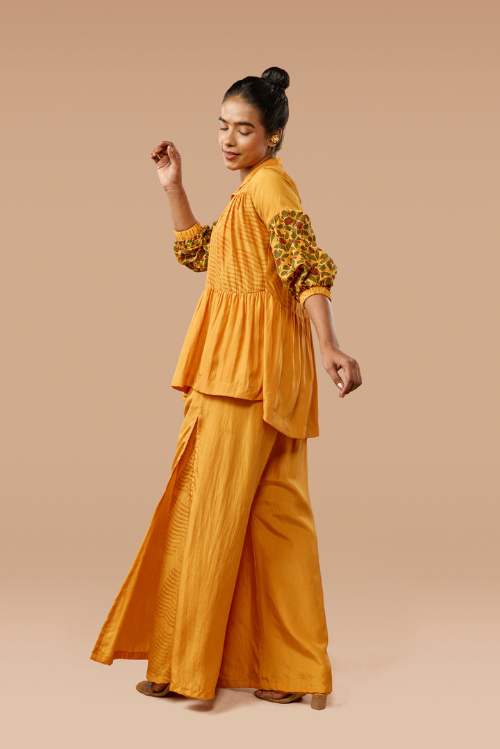 Saffron Three-Tier Shirt &amp; Flared Pants Silk Co-ord Set