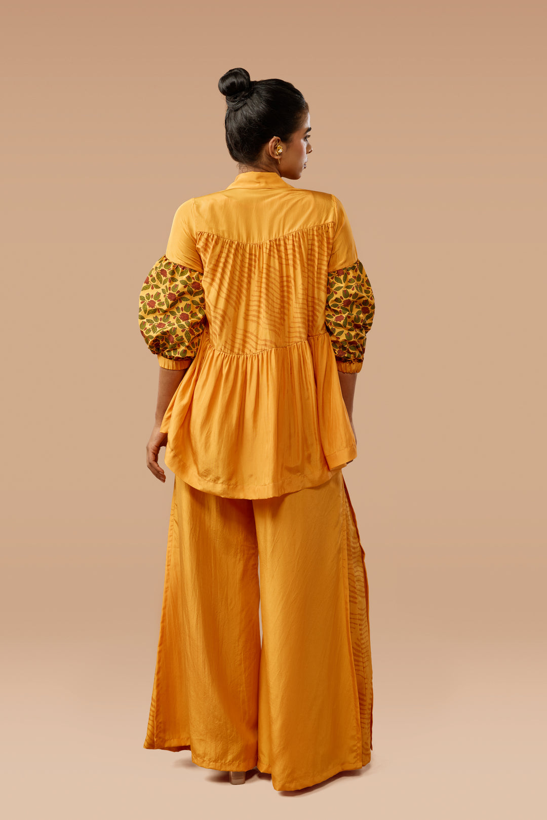 Saffron Three-Tier Shirt &amp; Flared Pants Silk Co-ord Set