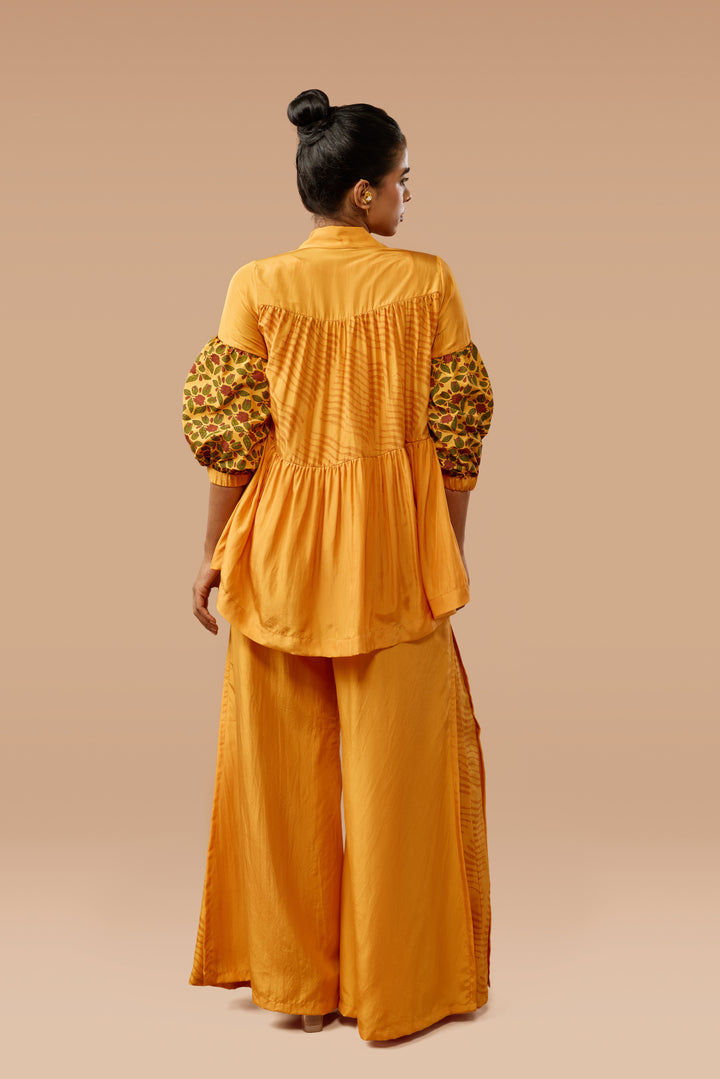 Saffron Three-Tier Shirt &amp; Flared Pants Silk Co-ord Set