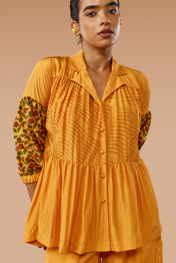 Saffron Three-Tier Shirt &amp; Flared Pants Silk Co-ord Set